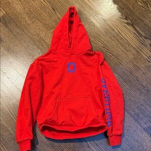 Overtime Red Hoodie with Blue writing.  Size medium.